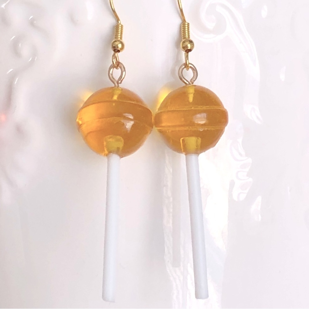 New Resin Lollipop Sucker Dangling Handmade Statement Novelty Earrings Yellow